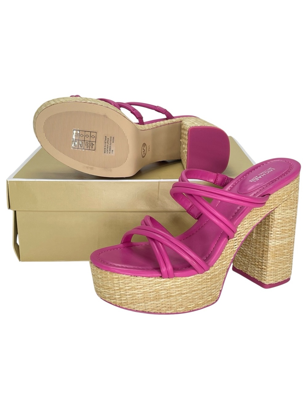 Michael Kors Corrine Pink Leather Raffia Womens Platform Sandals Size 11M - Picture 14 of 15